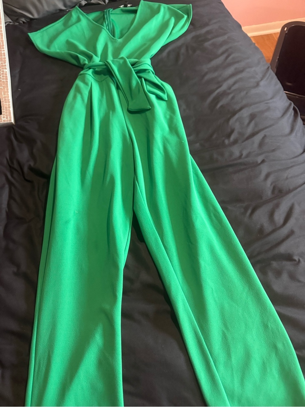 Express Emerald Green V-Neck Wide-Leg Jumpsuit with Tie Belt